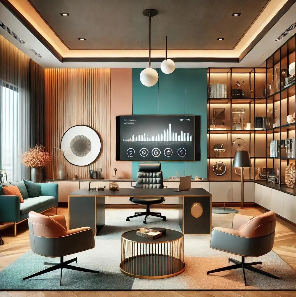 A modern and organized office space featuring a large executive desk, ergonomic chairs, and wall-mounted shelves filled with books, décor, and office essentials. Warm ambient lighting enhances the cozy yet professional atmosphere, while large windows allow natural light to flow in. The design blends functionality with aesthetics, creating a productive and stylish workspace ideal for meetings, focused tasks, or creative thinking.