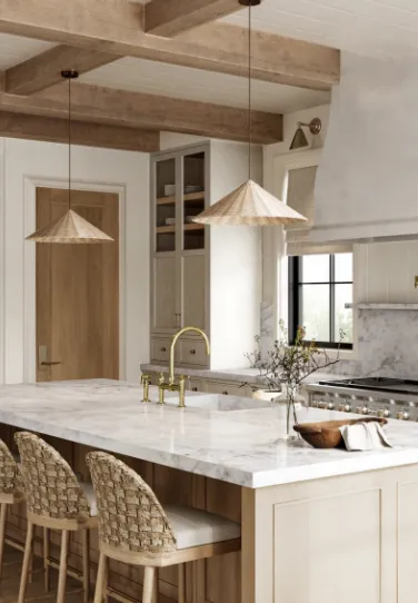 marble island with cone pendant lights rattan