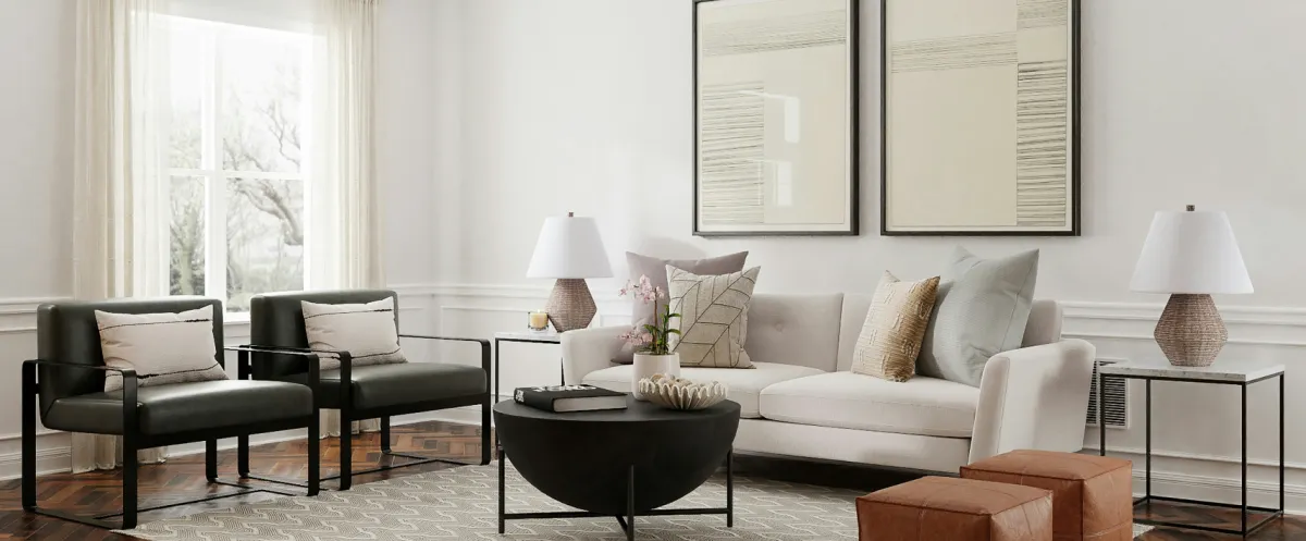 modern minimalist living room with cream ivory couch
