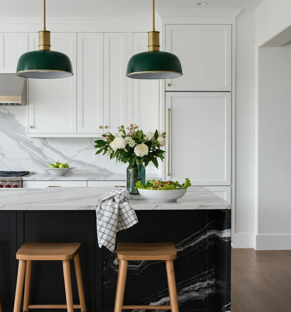modern kitchen with green pendant lights above island