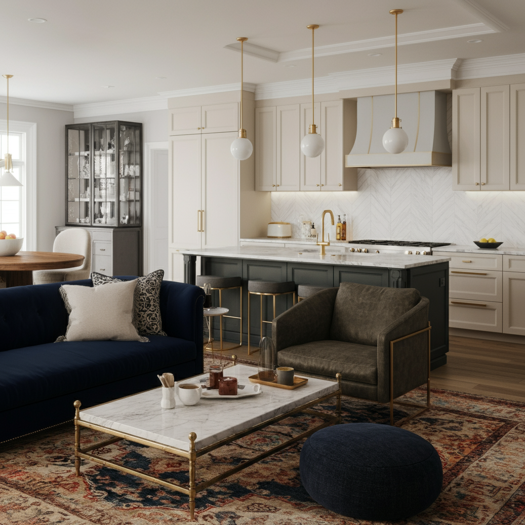 eclectic traditional open concept Living room