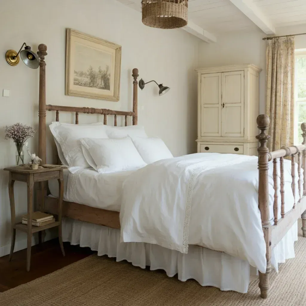 French country inspired guest room with white bedding