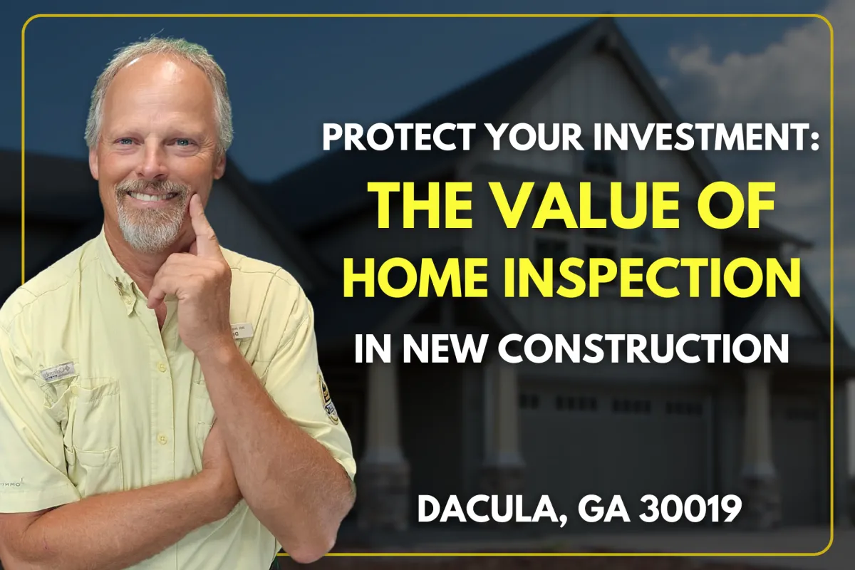 Home inspector examines roof braces and brick siding on new construction in Dacula, GA for structural and moisture issues.