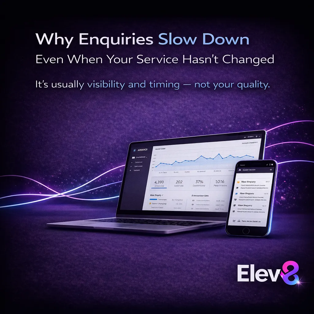 A calm business-themed image with the text “Why enquiries slow down even when your service hasn’t changed,” representing quiet periods in small business.