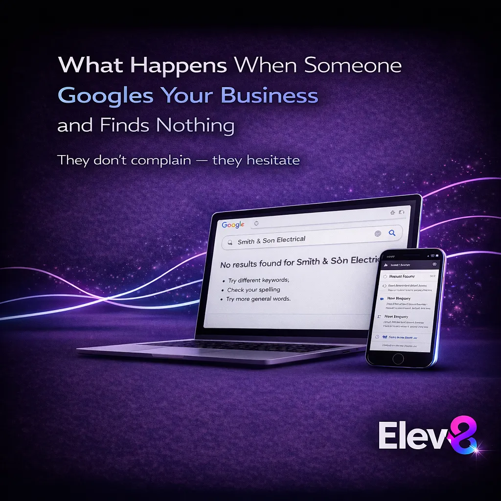 A calm business image with the text “What happens when someone Googles your business and finds nothing,” representing customer hesitation during an online search.