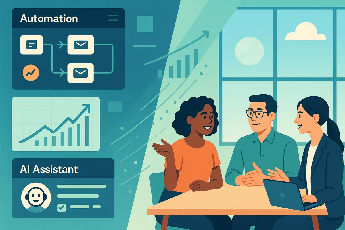 Modern workspace with digital automation interfaces, upward-trending productivity graphs, AI assistants, and diverse professionals collaborating under bright optimistic lighting.