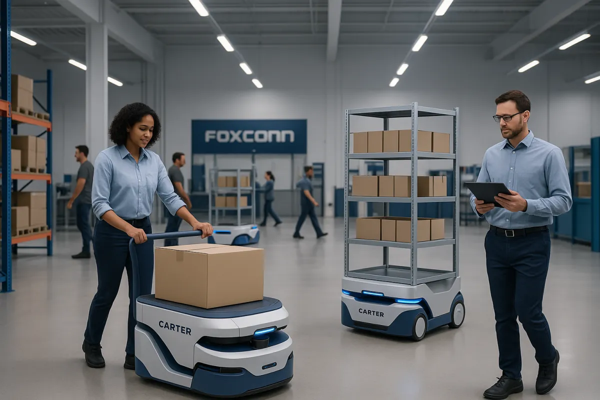 Modern warehouse with Carter robots and human workers collaborating as robots move boxes and shelves; Foxconn assembly area visible, showcasing advanced automation.
