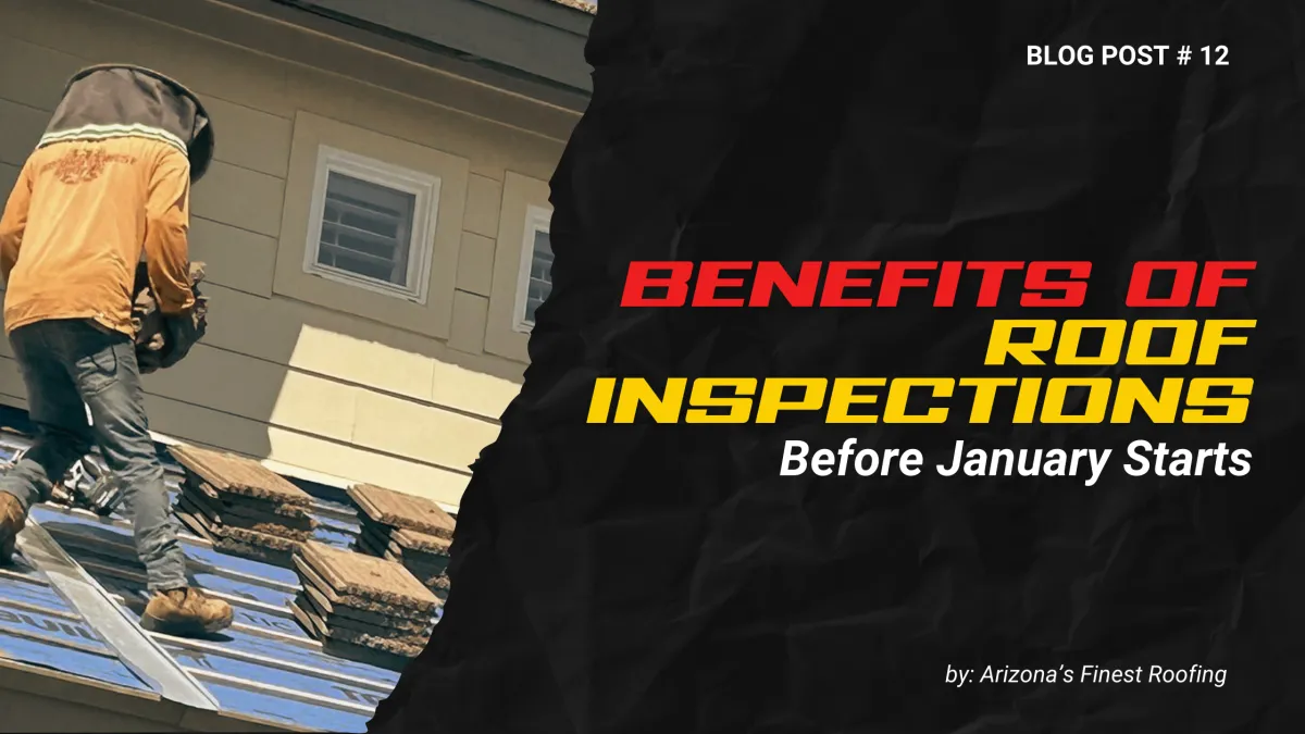 Blog post banner: "Benefits of Roof Inspections Before January Starts" with a roofer working on a tile roof installation.