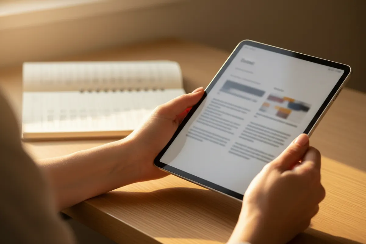 Close-up of hands holding a tablet with an open eBook above a desk, with a blurred notebook of checked-off goals and warm sunlight suggesting focus and positive achievement.