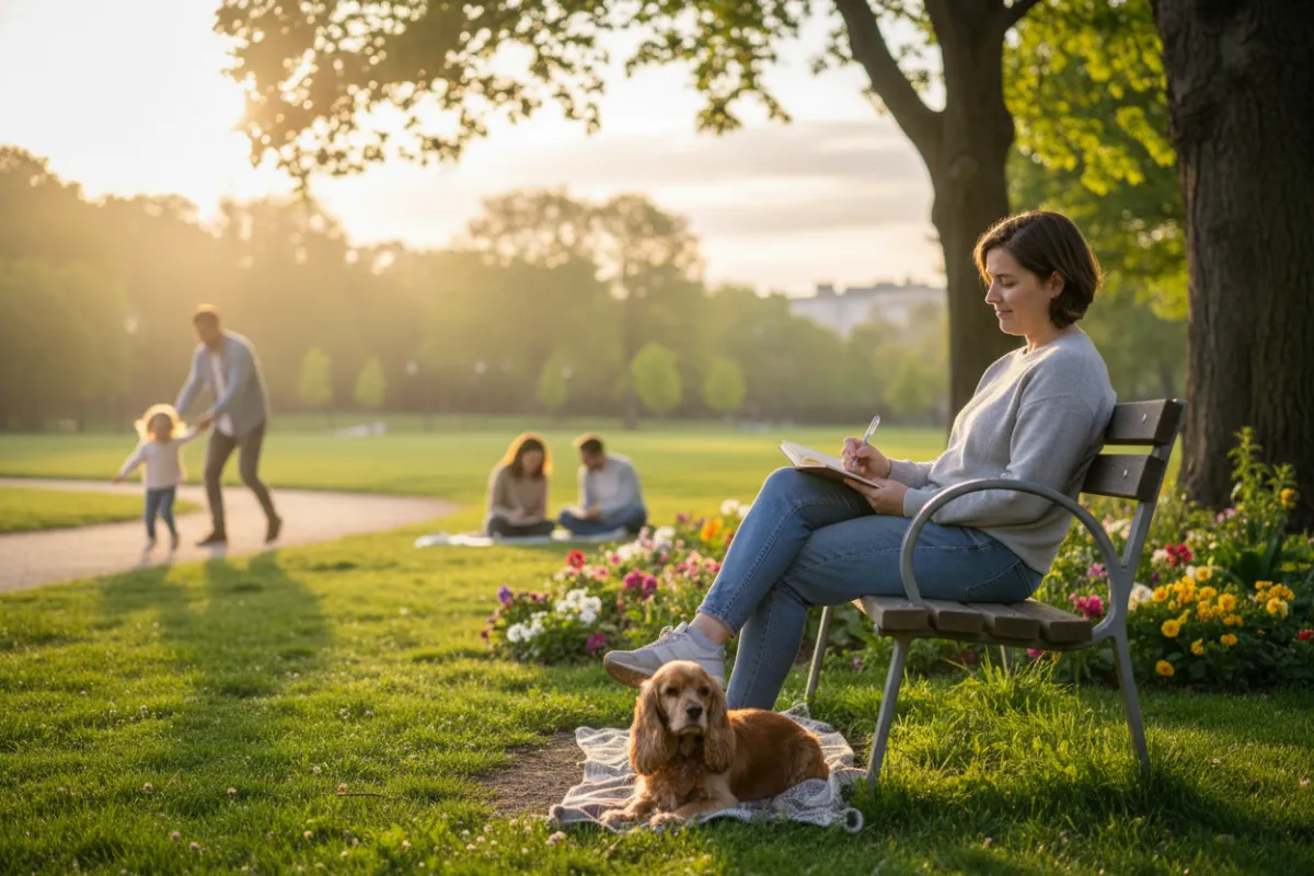 Person journaling on a park bench at sunrise with a dog, surrounded by trees and flowers, with other people enjoying the park in the background, conveying peace and mental well-being.