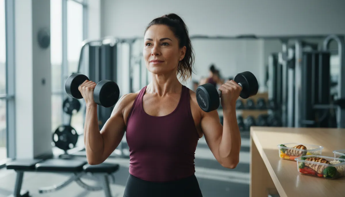 Fit woman in her 50s lifting dumbbells in a bright modern gym with meal prep containers blurred in the background