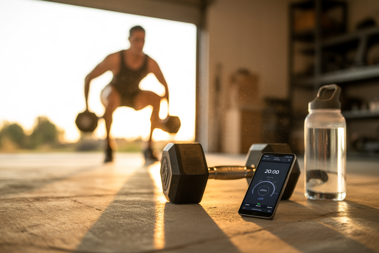 Shot of a gritty yet liberating home workout scene during golden hour. In the foreground, sharp focus on a pair of iron hex dumbbells resting on a textured wooden floor or concrete garage surface, next to a smartphone displaying a '20:00' countdown timer and a water bottle. In the slightly soft-focus background, a fit individual (gender-neutral silhouette) is mid-motion doing a dumbbell split squat, bathed in warm natural sunlight streaming through a large open window or garage door, symbolizing freedom from the dark commercial gym. The lighting should highlight sweat, dust motes dancing in the light, and the texture of the metal weights. The atmosphere is intense, triumphant, and efficient. High dynamic range, 85mm lens style depth of field.