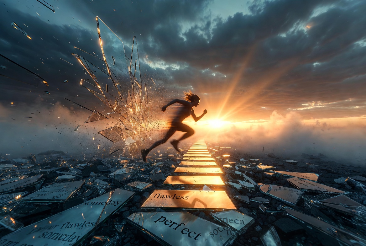 A determined person mid-stride, running powerfully forward on a crumbling, shattered pathway made of broken glass and fractured mirror pieces labeled with faded words like "perfect," "flawless," and "someday." They are bursting through an invisible barrier, with dramatic glass shards exploding outward in slow motion around them, catching golden light.
