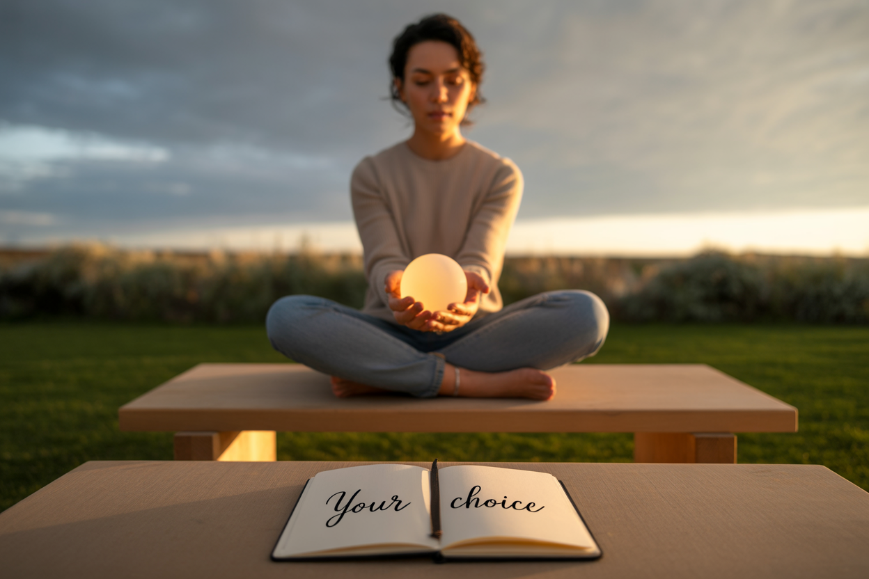 ultra-high detail, soft natural lighting. A person (diverse ethnicity, late 20s/early 30s, calm and focused expression) sits cross-legged on a minimalist wooden bench in a quiet garden at golden hour. They hold a small, glowing orb of light in their hands — symbolizing "choice" or "happiness." Behind them, a stormy sky with dark clouds gradually transitions into a clear, sunlit horizon. The contrast represents overcoming darkness/negativity to find clarity and hope. In the foreground, a single notebook lies open on the bench with the words "YOUR CHOICE" handwritten in elegant script. The overall mood is peaceful yet determined, with warm, hopeful colors (amber sunlight, soft blues). Avoid dramatic poses or action; emphasize stillness, intentionality, and quiet power. Soft focus on background elements