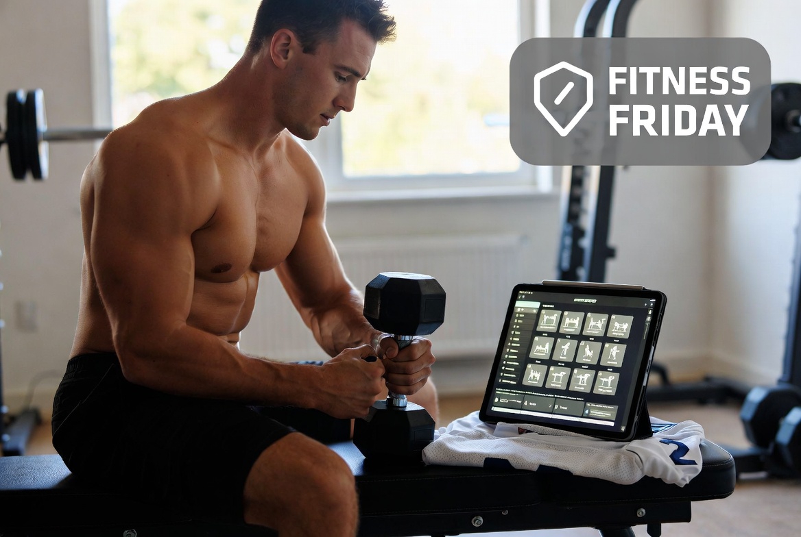 Man sitting on workout bench at home gym with dumbbell in hand tablet on bench showing fitness app