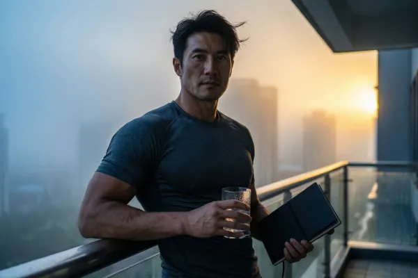 Shot of a determined man standing on a modern balcony at 4:44 AM. He is looking out over a misty, sleeping city as the first sliver of golden sunrise hits his face. One half of his face is in cool, calm morning blue; the other half is illuminated in a warm, vibrant amber glow. He is holding a glass of water in one hand and a sleek notebook in the other. He looks powerful, serene, and fully "awake."