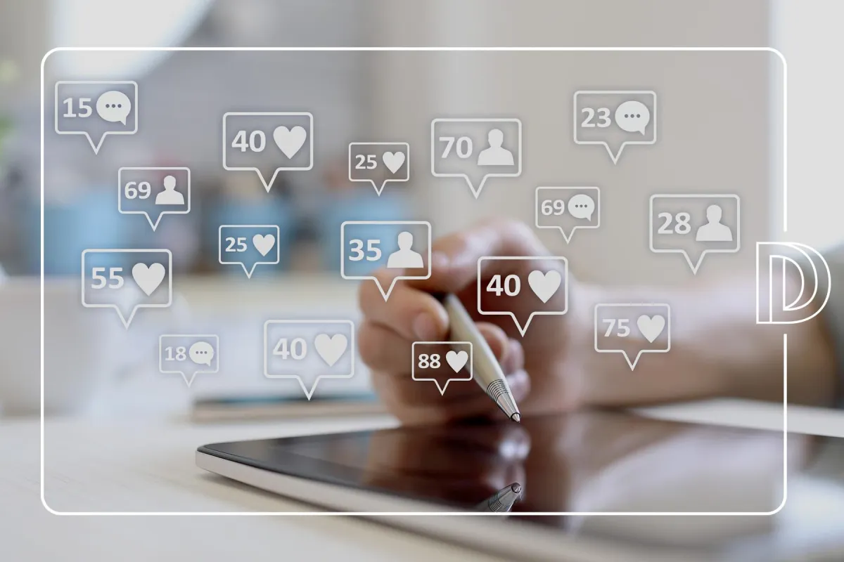 Social media likes, followers and message icons on virtual screen