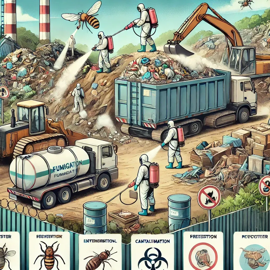 "Fumigación en vertederos de residuos Control de plagas en plantas de manejo de residuos Métodos de bajo impacto para áreas urbanas Prevención de la propagación de enfermedades Monitoreo continuo en instalaciones de residuos"