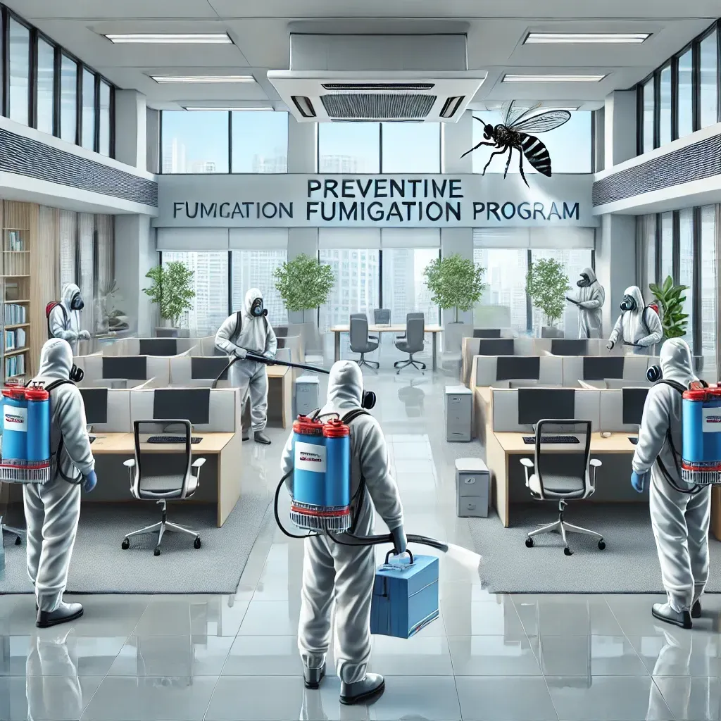 "Identificación de áreas de riesgo en edificios de oficinas Programación de fumigaciones regulares Coordinación con empleados y contratistas durante la fumigación Uso de productos seguros para espacios cerrados Medidas post-fumigación para mantener un entorno libre de plagas "