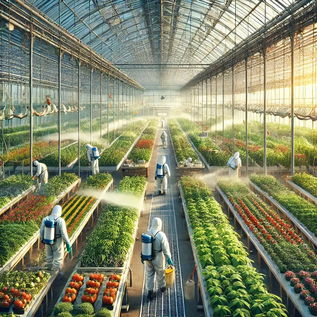 "Control de plagas en cultivos de invernadero Selección de productos seguros para plantas comestibles Fumigación preventiva en sistemas hidropónicos Monitoreo y mantenimiento del ambiente controlado Métodos naturales y biológicos de control "