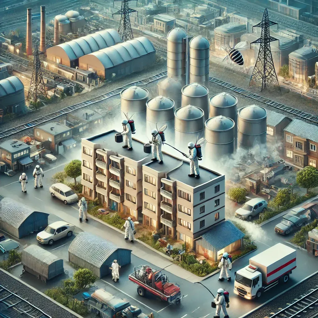 Equipo de fumigación profesional realizando tratamientos en áreas industriales y residenciales de Apodaca, Nuevo León, utilizando equipos avanzados y métodos seguros para el control de plagas en un entorno urbano y de fabricación.