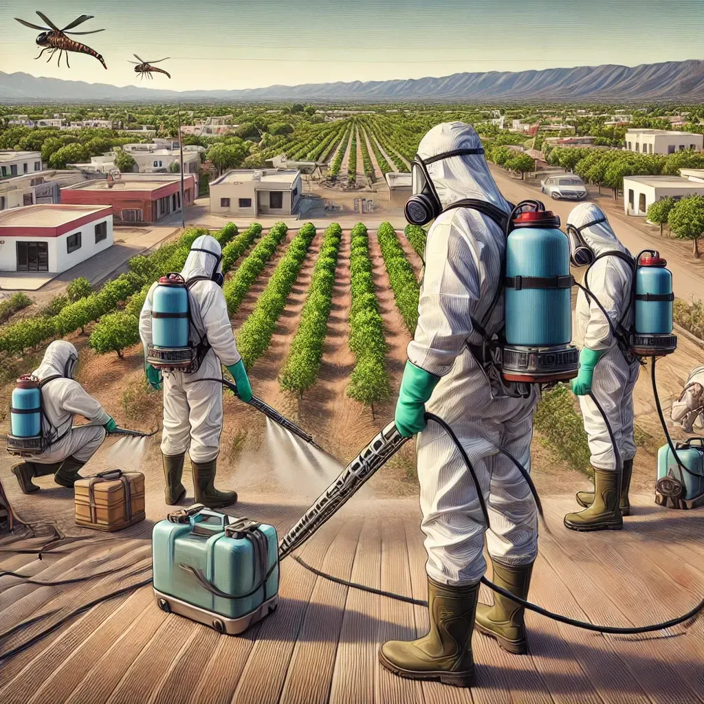 Equipo de fumigación profesional trabajando en áreas urbanas, rurales y agrícolas de Montemorelos, Nuevo León, utilizando métodos avanzados y seguros para el control de plagas.
