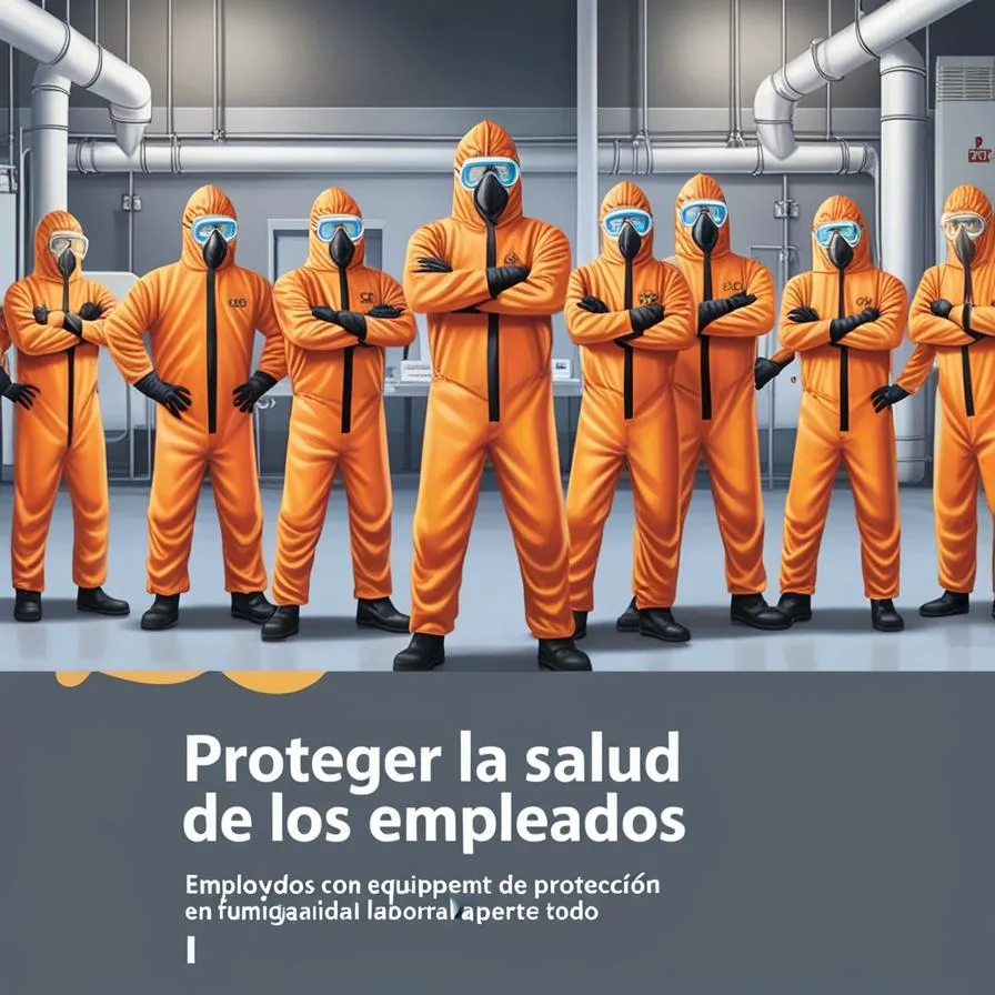 "Empleados con equipo de protección en fumigación. Seguridad laboral ante todo."