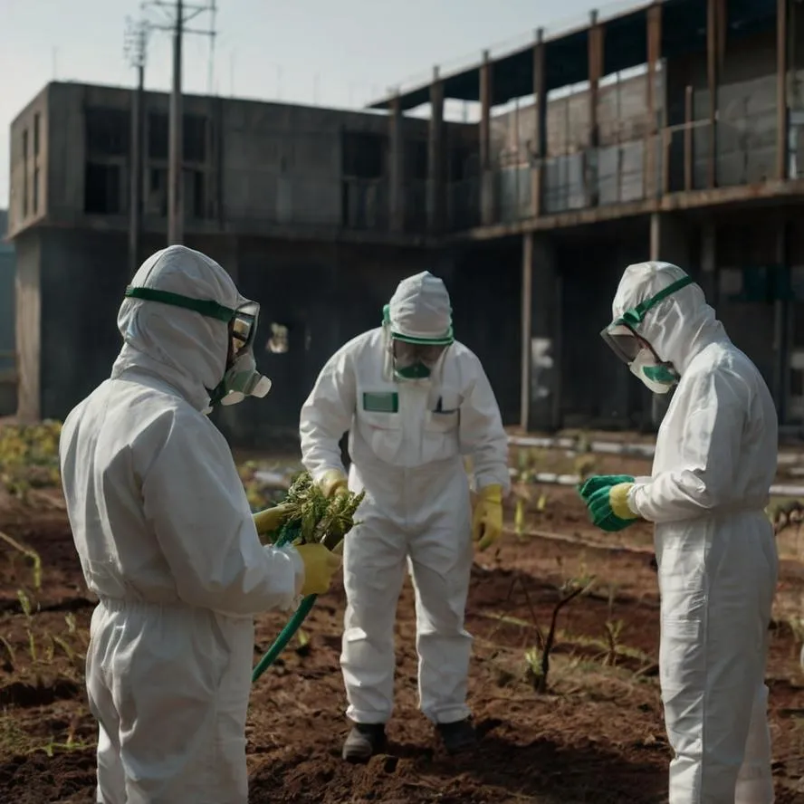 "Personal de fumigación en uniforme protegiendo la salud en el lugar de trabajo."