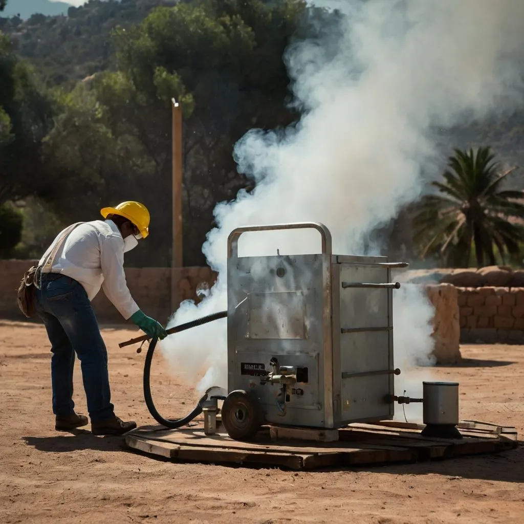 Fumigación en jardines públicos para controlar mosquitos, con trabajadores y maquinaria.