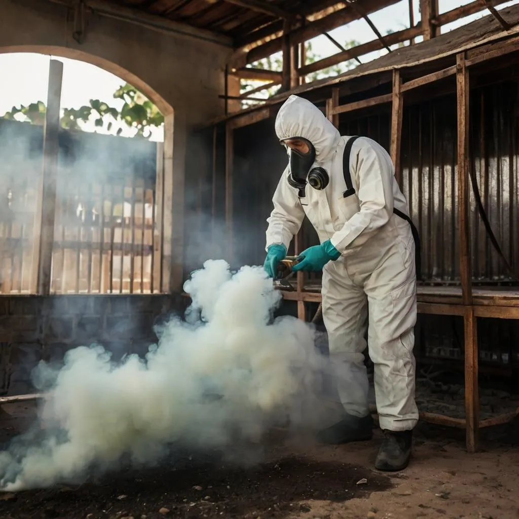 Eliminación de cucarachas en un área comercial, con personal y equipo especializado de fumigación.