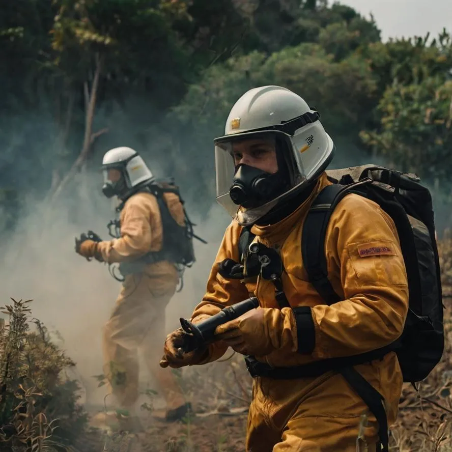 "Empleados protegidos con equipo de seguridad en fumigación."
