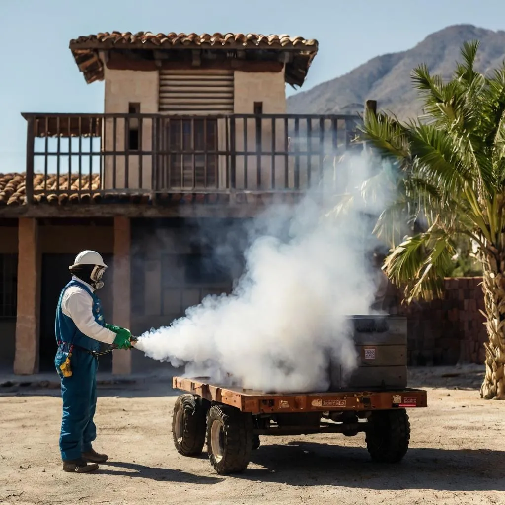Un campo de cultivos orgánicos en García, CP 66085, rodeado de plantas saludables y libres de plagas, mientras un trabajador aplica fumigación ecológica con equipo especializado.