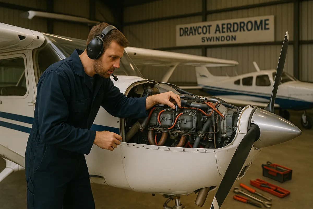 Technician inspecting Cessna 172 engine inside Draycot Aerodrome hangar near Swindon.