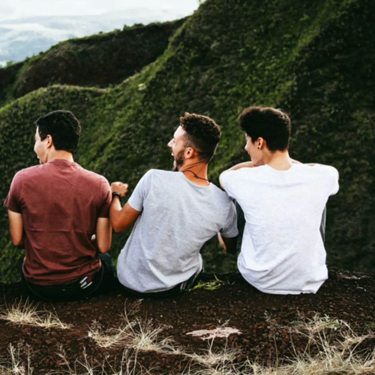 Rear view of three men laughing on a green hilly terrain