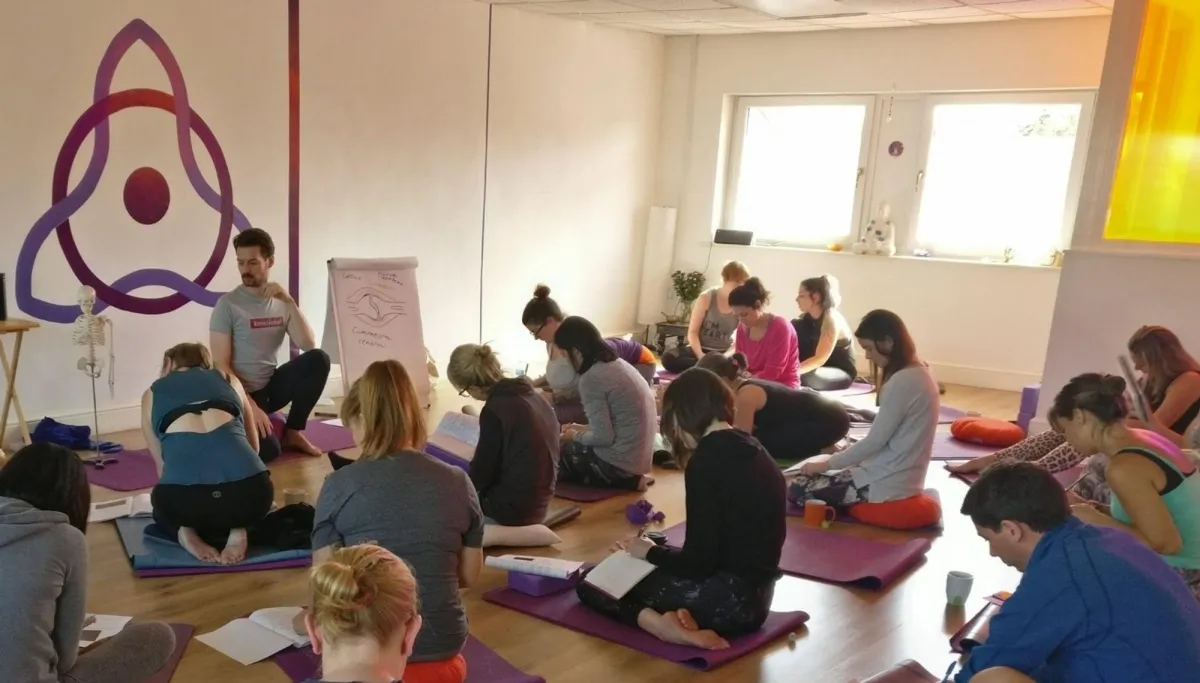 A group of yoga students studying anatomy applied to yoga