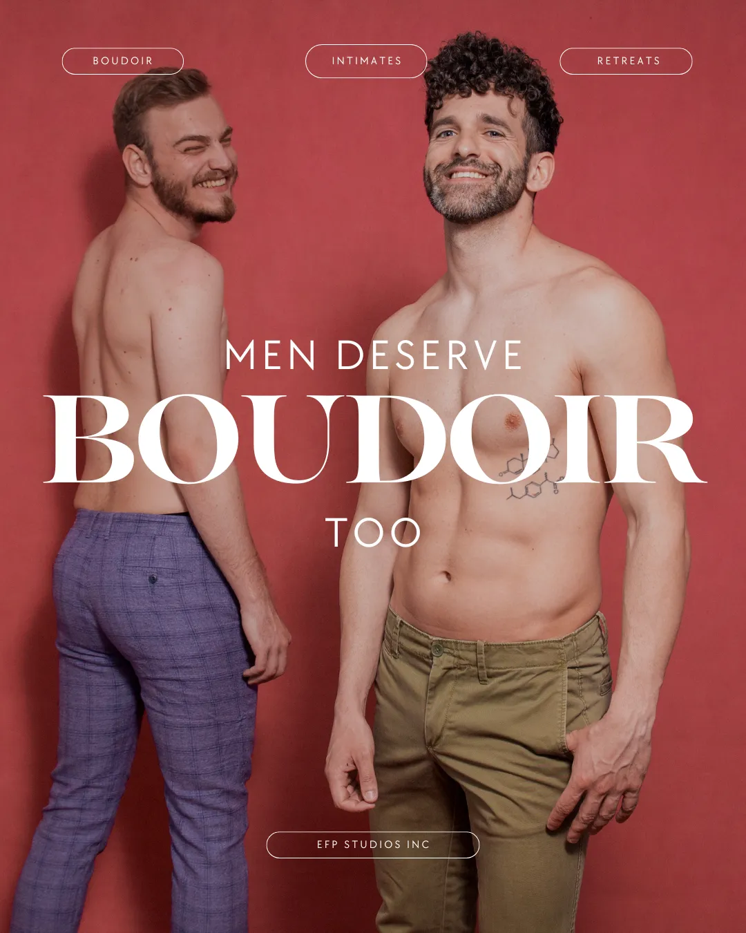 Two men stand in front of a red wall