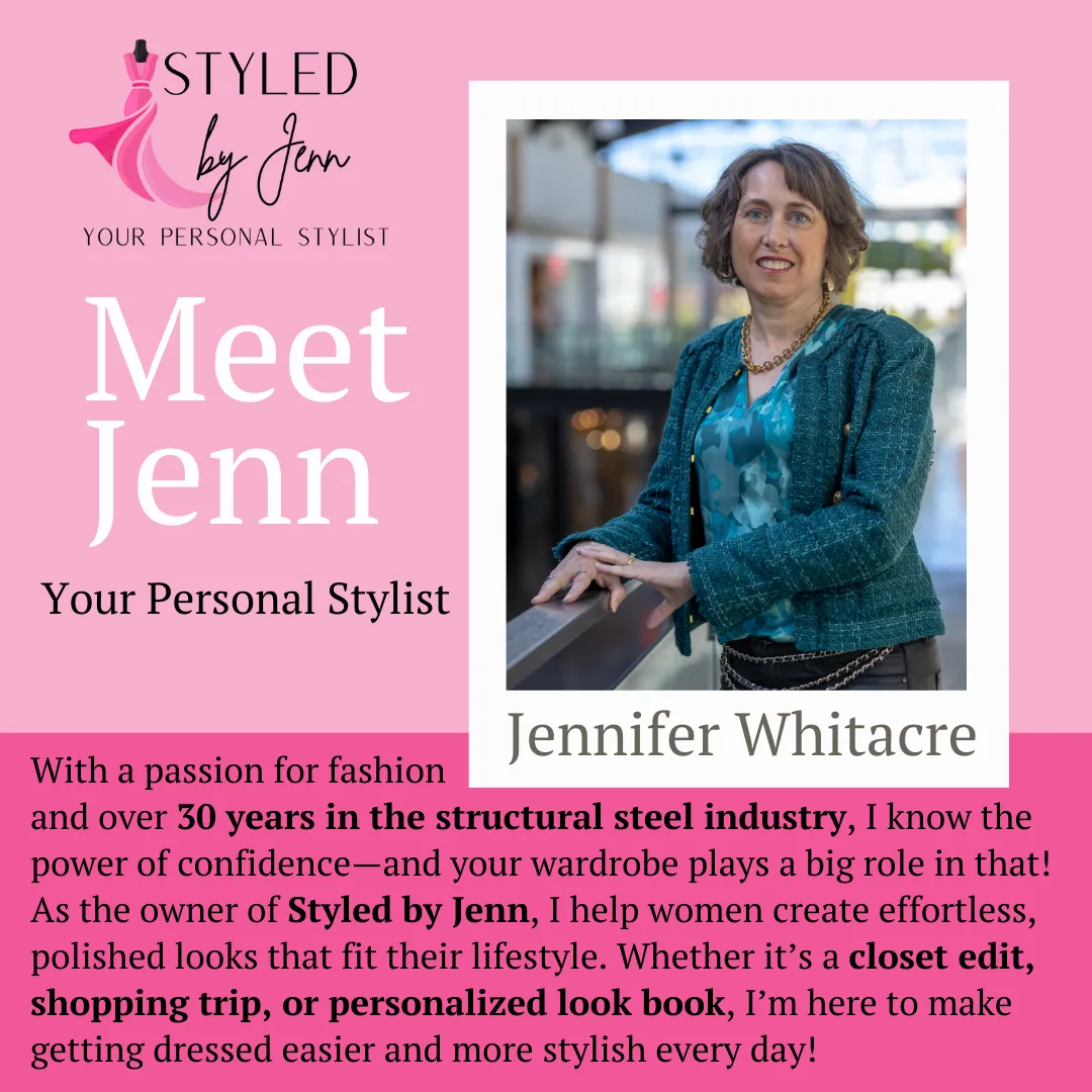"A Canva graphic featuring Jenn’s short bio and a professional photo of her, introducing her as a personal stylist and owner of Styled by Jenn."