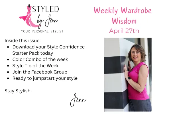 Newsletter cover image featuring style tips, the Style Confidence Starter Pack download, color combo of the week, and a call to join the Facebook group.