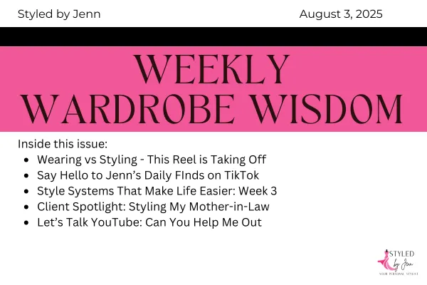Styled by Jenn August 3 Newsletter cover – Featuring style tips, Wearing vs Styling reel, TikTok updates, Style Systems series, client spotlight, and YouTube support.