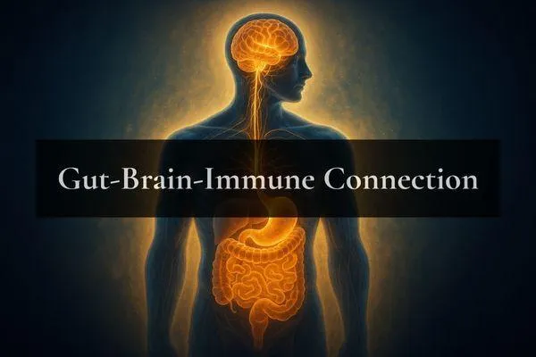 Human figure with glowing gut, brain, and immune system pathways, symbolizing the gut-brain-immune connection.