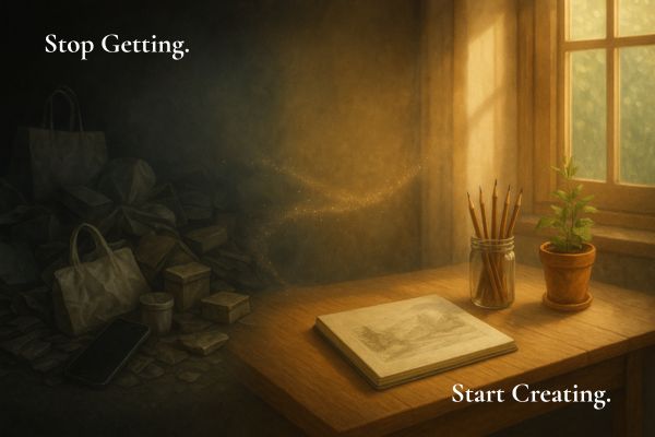 Still life showing a contrast between getting and creating.