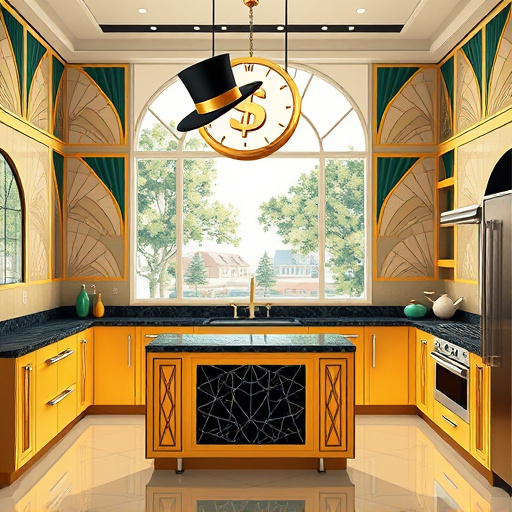 An Art Deco-inspired illustration of a stylish kitchen in Farmington Hills, Michigan, featuring geometric gold and emerald green cabinetry, polished marble countertops, and vintage-inspired appliances. A large window reveals lush trees and quaint streets, blending suburban charm with elegance. Decorative wall panels display intricate fan motifs and sunburst patterns characteristic of Art Deco design. Floating above the kitchen island is a stylized coin stack intertwined with sparkling banknotes, symbolizing remodeling financing options. Quirky details include a smiling, anthropomorphic dollar sign wearing a top hat guiding homeowners, and a geometric clock displaying “time is money.” The color palette combines gold, black, cream, and green tones, evoking luxury, stability, and sophistication. The scene merges vintage glamour with modern clarity, inspiring confidence in stylish kitchen renovation financing.