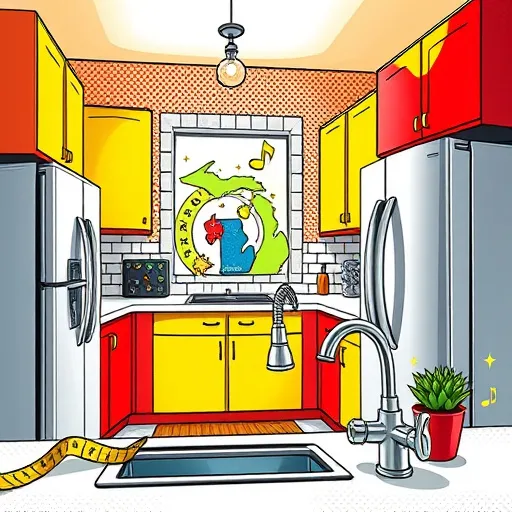 A lively, eclectic small kitchen undergoing a stylish remodel, viewed from a slightly elevated angle. The vintage-inspired space features colorful, irregularly shaped backsplash tiles and textured wooden cabinets painted with expressive, abstract brushstrokes. A whimsical mural subtly incorporates Michigan’s outline into the wall art. An open window with flowing curtains allows a gentle breeze, causing floating paint splashes that add playful energy. Scattered renovation tools—brushes, a trowel, and a paint roller—are casually placed nearby, indicating ongoing creative work. Bright pots with flourishing herbs sit on a rustic countertop, complemented by a quirky, oversized clock with abstract numbers hanging prominently. In the blurred background, hints of Ann Arbor’s university architecture provide a sense of local flavor. The scene’s Tachisme art style features loose, spontaneous brushwork and overlapping fields of warm ochres, cool blues, lively greens, and vibrant reds, creating a textured, dynamic visual that captures the charm and personality of small-scale home renovations, blending artistic chaos with inviting warmth.