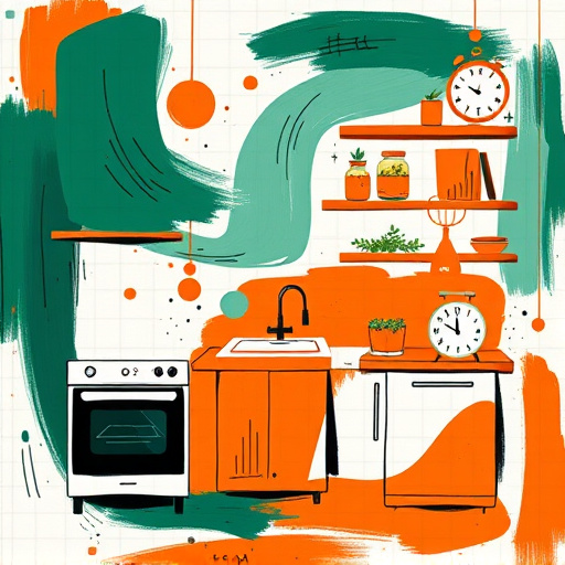 A detailed scene of installing granite countertops in a modern kitchen, featuring polished black granite slabs with shimmering flecks and subtle veining carefully placed on a worktable resembling a kitchen counter. Surrounding the slabs are installation tools including a bright orange suction cup lifter, measuring tapes, clamps, and a level, arranged dynamically to highlight craftsmanship and precision. Warm lighting enhances the natural beauty and textures of the granite, casting gentle shadows. In the background, a minimalist kitchen with glossy white cabinets and geometric tile backsplash adds contemporary style. A cheerful cartoon mascot, resembling an animated granite slab with expressive eyes and a wide smile, holds a small screwdriver, adding a whimsical touch. The scene depicts an organized, bustling workspace with scattered sawdust and sparks from power tools, emphasizing the craftsmanship and effort involved. The art style combines social realism with realistic textures, grounded in warm earth tones like deep blacks, grays, vibrant orange, and lively greens, capturing the artistry, precision, and playful personality of granite countertop installation.