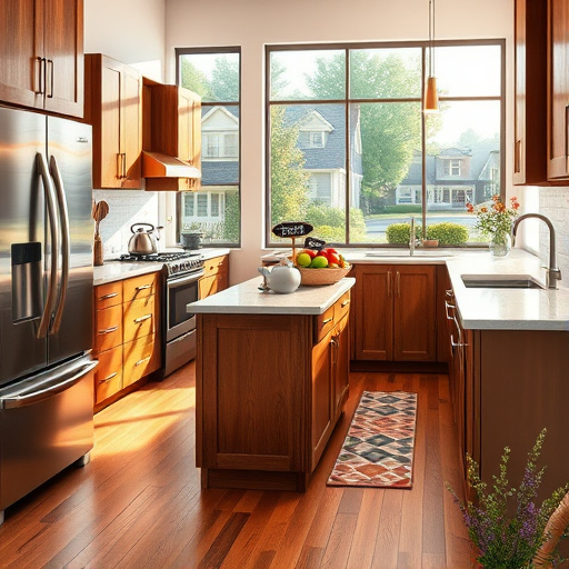 A vibrant PopArt-style illustration of a traditional kitchen undergoing remodeling in Ypsilanti, Michigan, featuring bold, contrasting colors such as cherry reds, bright yellows, electric blues, and crisp whites. The scene includes vintage elements like shiny chrome appliances, retro pastel-colored cabinets, and a checkered floor. Quirky details include a cartoonish toaster ejecting exaggeratedly toasted bread, a cheerful vintage clock with googly eyes, and stylized power tools—a hammer and screwdriver—floating in midair. Large sunlit windows reveal the silhouette of a historic Ypsilanti building with exaggerated architectural features, casting warm shadows across the workspace. Action lines and geometric shapes convey movement and transformation, creating an energetic, comic-book atmosphere that emphasizes fun, creativity, and home renovation excitement with a playful, colorful aesthetic.