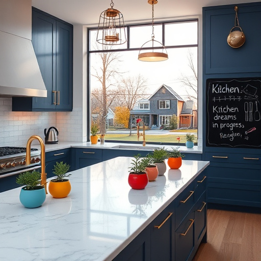 A vibrant blog cover illustration depicting the transformative journey of home remodeling through a split-screen scene. The left side shows a cluttered, outdated interior with peeling wallpaper, mismatched furniture, and dim lighting, conveying nostalgia and chaos. The right side reveals a sleek, modern living space illuminated by warm, inviting light, featuring minimalist décor, smooth surfaces, and smart technology accents. Connecting the two scenes is a whimsical, twisting staircase with colorful, exaggerated banisters spiraling from old to new, symbolizing progress and change. Playful details include a collection of vintage gadgets transforming into shiny, futuristic devices. The background features an expansive, dreamlike landscape with floating geometric shapes and abstract cityscapes, emphasizing creative transformation. Rendered in a bold yet harmonious color palette of deep blues, vibrant oranges, and soft pastels, the scene evokes both excitement and calm. Small, quirky elements—such as floating melting clocks and a whimsical bird perched on a beam—add personality and intrigue. The overall mood is inspiring, optimistic, and playful, capturing the awe of turning chaos into harmony through innovation and personalization in home renovation.