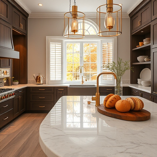 A hyperrealistic, high-end kitchen remodeling scene set in Northville, Michigan, showcasing an elegant and sophisticated design. The spacious kitchen features sleek marble countertops, rich dark wood cabinetry with detailed grain patterns, and contemporary brushed gold fixtures that gleam under soft warm lighting. An island with a subtle wave pattern artisanal craftsmanship is accented by hanging pendant lights, while a modern espresso machine adds a touch of everyday luxury. Large floor-to-ceiling windows with white shutters offer views of autumn foliage, creating a cozy yet upscale atmosphere. A tiny vintage-inspired robot chef peeks from behind colorful artisan bread baskets, adding playful personality. The scene includes reflections on glossy surfaces, fresh herbs on a wooden cutting board, a vintage teapot with swirling steam, tiny potted succulents, and mismatched colorful ceramic dishes on open shelves. Warm taupe and deep chocolate tones, shimmering gold accents, and soft pastel hints complete the inviting, luxurious ambiance. The hyperrealistic style highlights every surface and detail, emphasizing craftsmanship and upscale elegance with a charming, personality-filled touch.