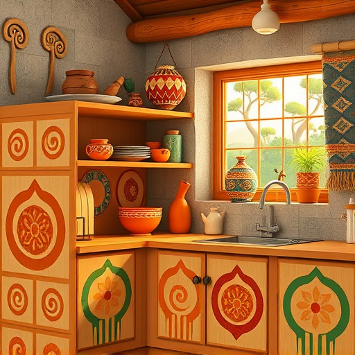 A vibrant Scandinavian-inspired kitchen featuring intricate patterns and earthy hues inspired by Pre-Columbian art. The cozy space includes stylized wooden cabinetry with traditional motifs, blending Nordic simplicity with Central American decorative elements. Warm terracotta, jade green, and burnt orange swirling geometric patterns adorn surfaces, creating a sense of warmth and cultural heritage. The countertop displays playful, stylized kitchen tools, such as exaggerated mortar and pestle and colorful patterned teapots with abstract motifs reminiscent of ancient ceramics. Traditional woven textiles with bold zigzag and diamond patterns hang from a carved wooden beam, adding texture and richness. The background showcases a stone wall with carved relief motifs and a window framing a lush tropical landscape with spiraled trees and stylized clouds. Warm, glowing lighting highlights textured surfaces and vibrant patterns, enhancing the lively, whimsical atmosphere. Small decorative details, like a tiny animal figurine or a humorous ceramic face on a jar, add personality and quirky charm, creating a joyful fusion of Nordic minimalism and ancient Central American artistry.