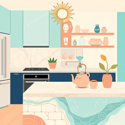 A vibrant FolkArt-style illustration of a modern kitchen featuring elegant marble accents, including marble countertops with intricate veining, a marble backsplash with stylized patterns, and a marble island with swirling designs. The scene showcases a sleek, contemporary space with clean lines and geometric shapes, enhanced by a soft pastel color palette of turquoise, blush pink, warm beige, and deep navy, creating an inviting and sophisticated atmosphere. Playful details include a whimsical teapot with a smiling face atop the counter, a tiny potted succulent with exaggerated, curly leaves, and abstract utensils that appear to dance. The kitchen shelves display uniquely shaped jars and bowls with folk-inspired patterns, adding charm. A radiant pendant light with a stylized sunburst design hangs above the workspace, casting a warm glow. Cozy elements include a cheerful cat peeking from behind a cabinet and floral motifs woven through the marble veining and décor, blending contemporary sleekness with handcrafted folk-art whimsy for a creative, visually engaging modern kitchen illustration ideal for a blog cover.