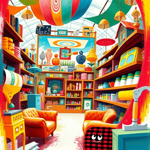 An expressive, bold brushstroke illustration of a lively home remodeling store filled with colorful, exaggerated displays. The scene features vibrant swatches of paint, oversized tools, whimsical furniture pieces, and swirling shelves with wallpaper rolls, quirky light fixtures, and miniature architectural models in bright reds, electric blues, and sunny yellows. Playful details include a mischievous paintbrush with a smirking face gripping a roller like a sword and a smiling cartoon hammer, adding fun and personality. The background suggests a dynamic, energetic store interior with swirling, distorted shelves and lively motion, capturing the chaotic yet inviting atmosphere of a home renovation adventure. The composition uses textured, layered brushwork and a vivid color palette to evoke enthusiasm, creativity, and the quirky charm of a bustling home remodeling retail space.